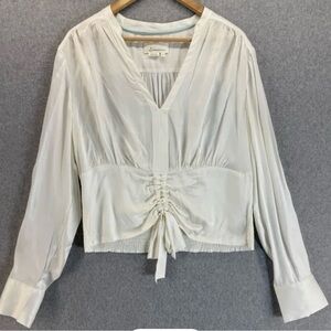Anthropologie Satin White Blouse Tie Ruched Large